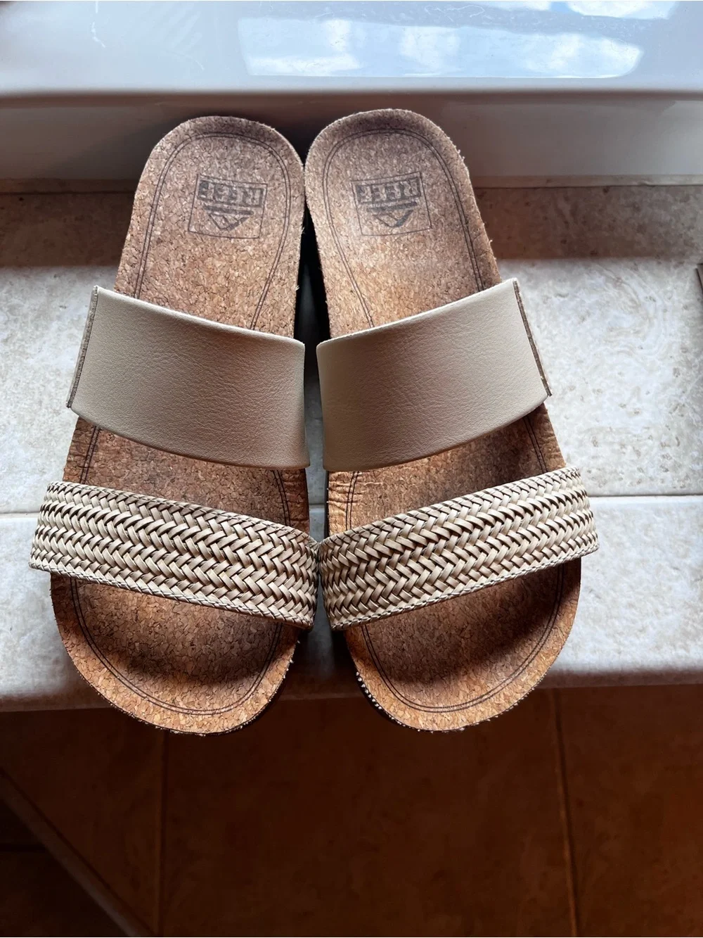 REEF Cork Footbed Slide Sandals with Braided Strap - Beige